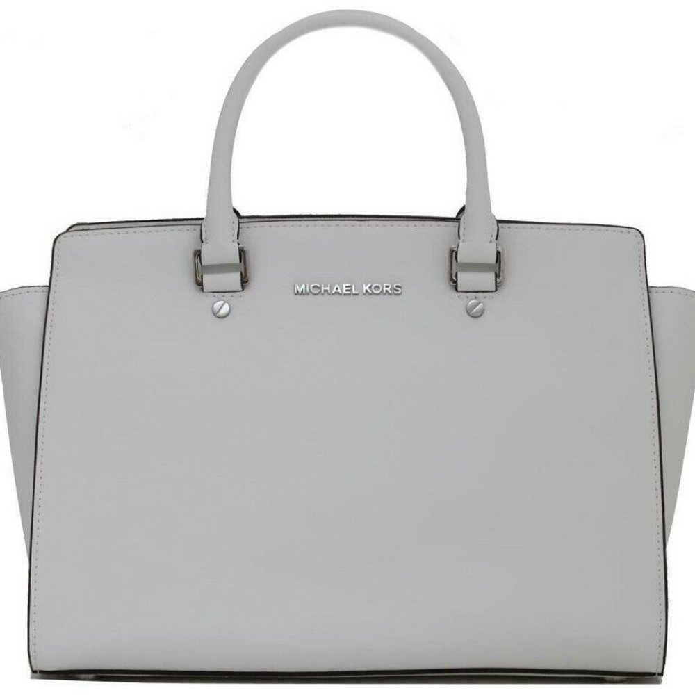 MICHAEL KORS SELMA LARGE OPTIC WHITE SILVER SAFFIANO LEATHER SATCHEL BAG NWT!